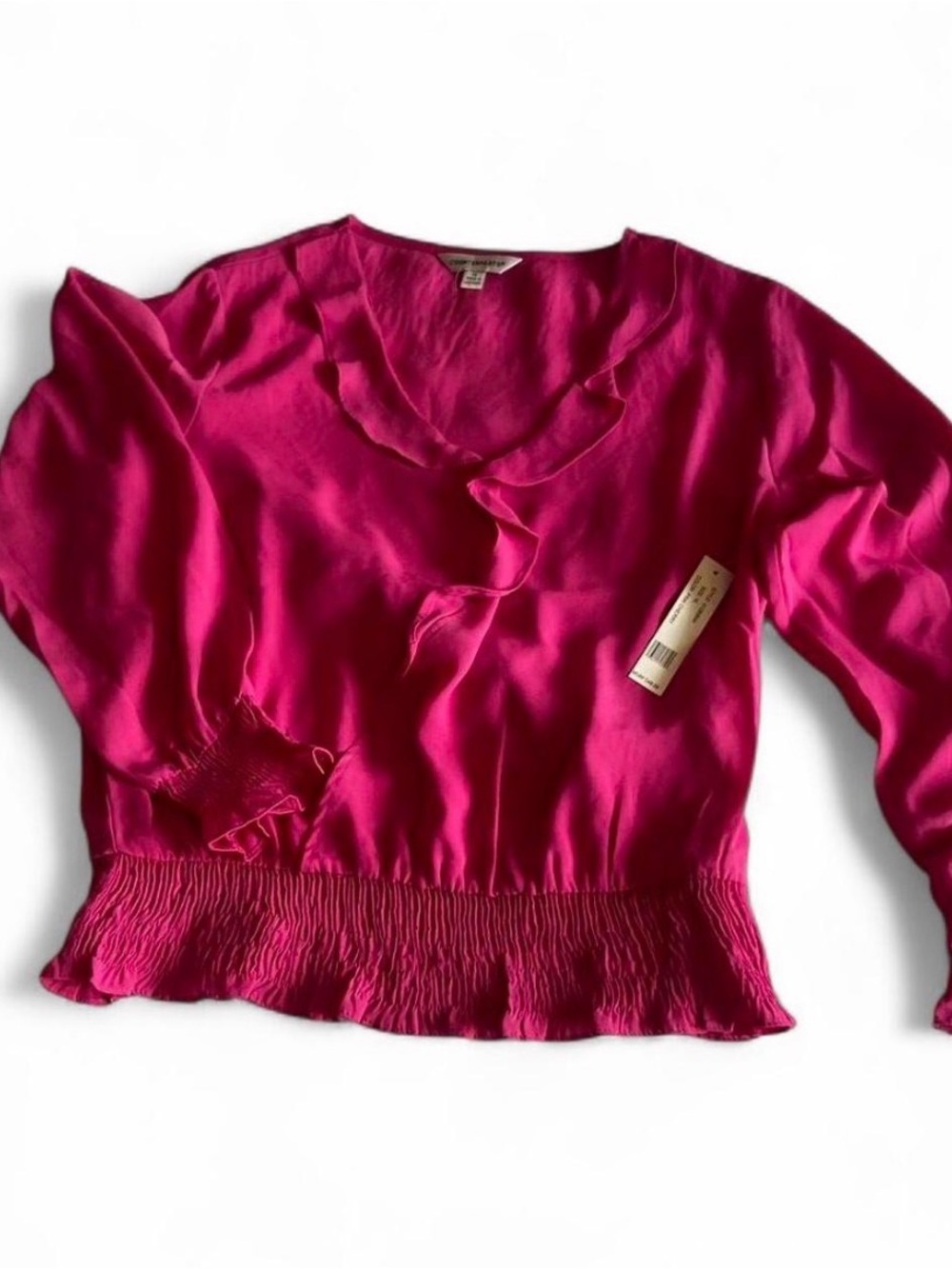 Counterparts Fuchsia Ruffle V-Neck Smocked-Hem Blouse